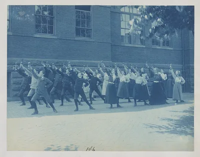 [First Division school class exercising with barbells in schoolyard,…, Washington D.C., 1899