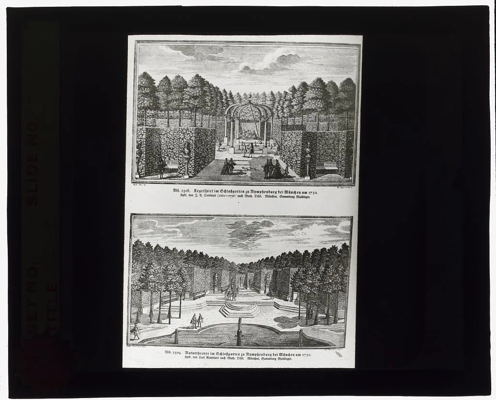 [Reproduction of print showing Riegelspeil and theater in Nymphenberg…, Germany, Munich, 1915
