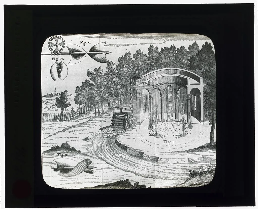 [Reproduction of print showing Water wheel, Archimedian screw, and…, 1915