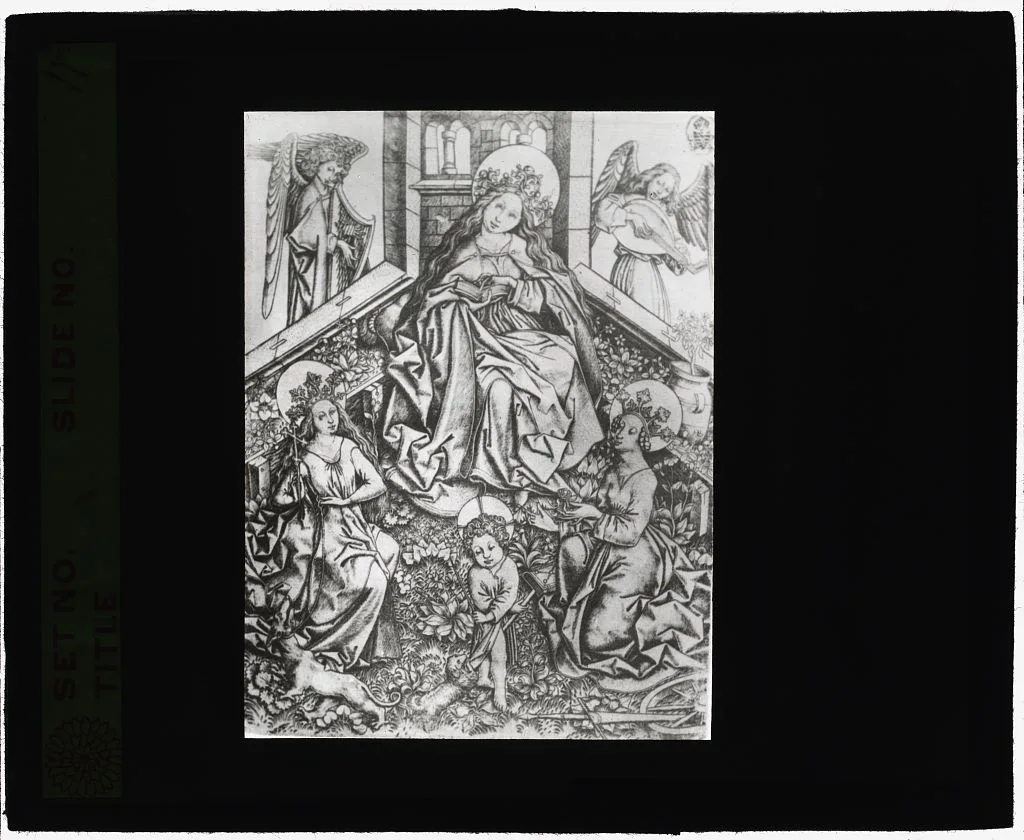 [Reproduction of print showing Virgin in enclosed garden], 1915
