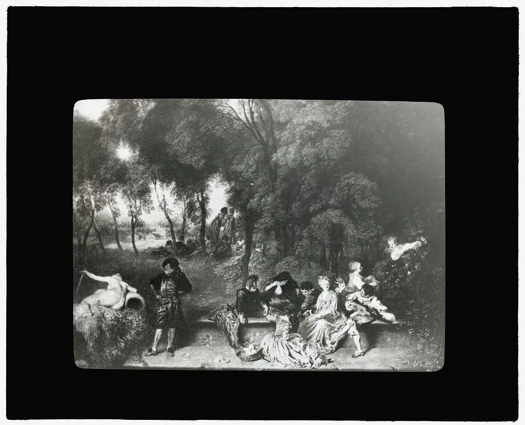 [Reproduction of painting showing a garden party], 1915