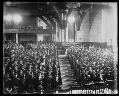 [Interior view of chapel filled with female students at the Tuskegee…, Tuskegee, Alabama, 1902