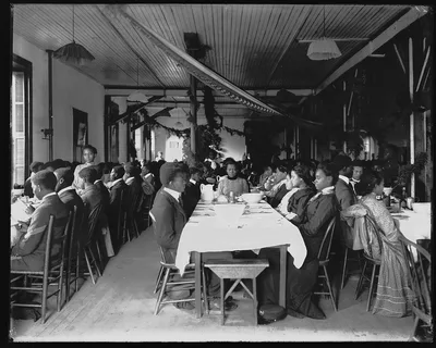 [Interior view of dining hall, decorated for the holidays, with…, Alabama, Tuskegee, 1902