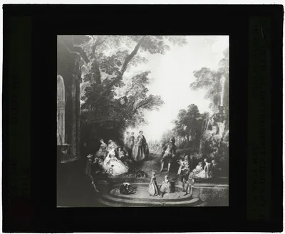 [Reproduction of painting showing dance between two fountains], 1915