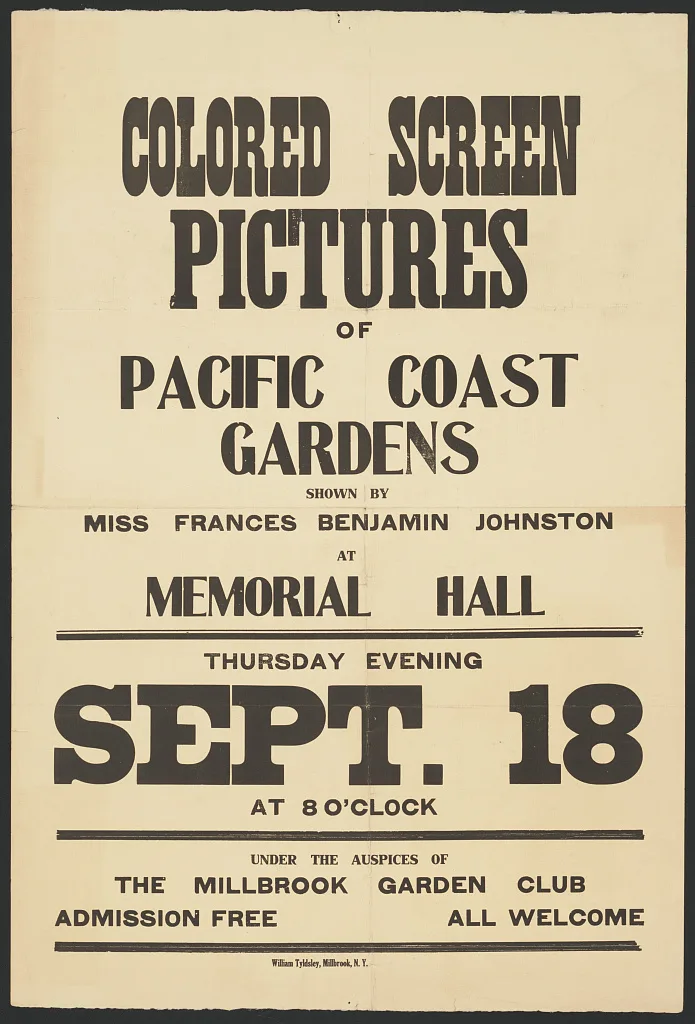 Colored Screen Pictures of Pacific Coast Gardens shown by Miss…, Millbrook $ New York, Millbrook, New York, 1919