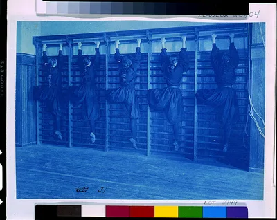 [Girls in bloomers on climbing apparatus, Western High School,…, Washington D.C., 1899