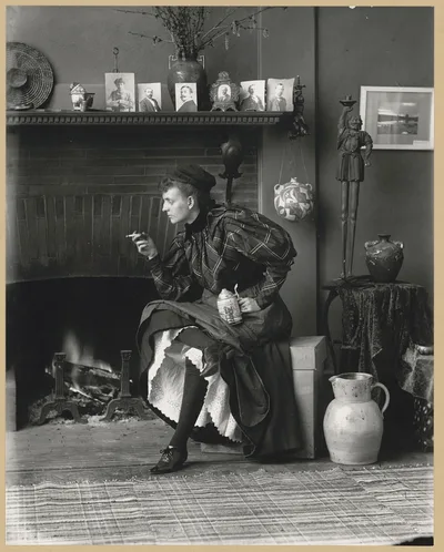 [Frances Benjamin Johnston, full-length portrait, seated in front of…, Washington D.C., 1896